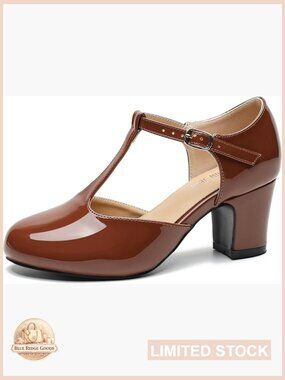 Women's T-Strap Mary Jane Block Heel Pumps 2.56 Inch Chunky Heel